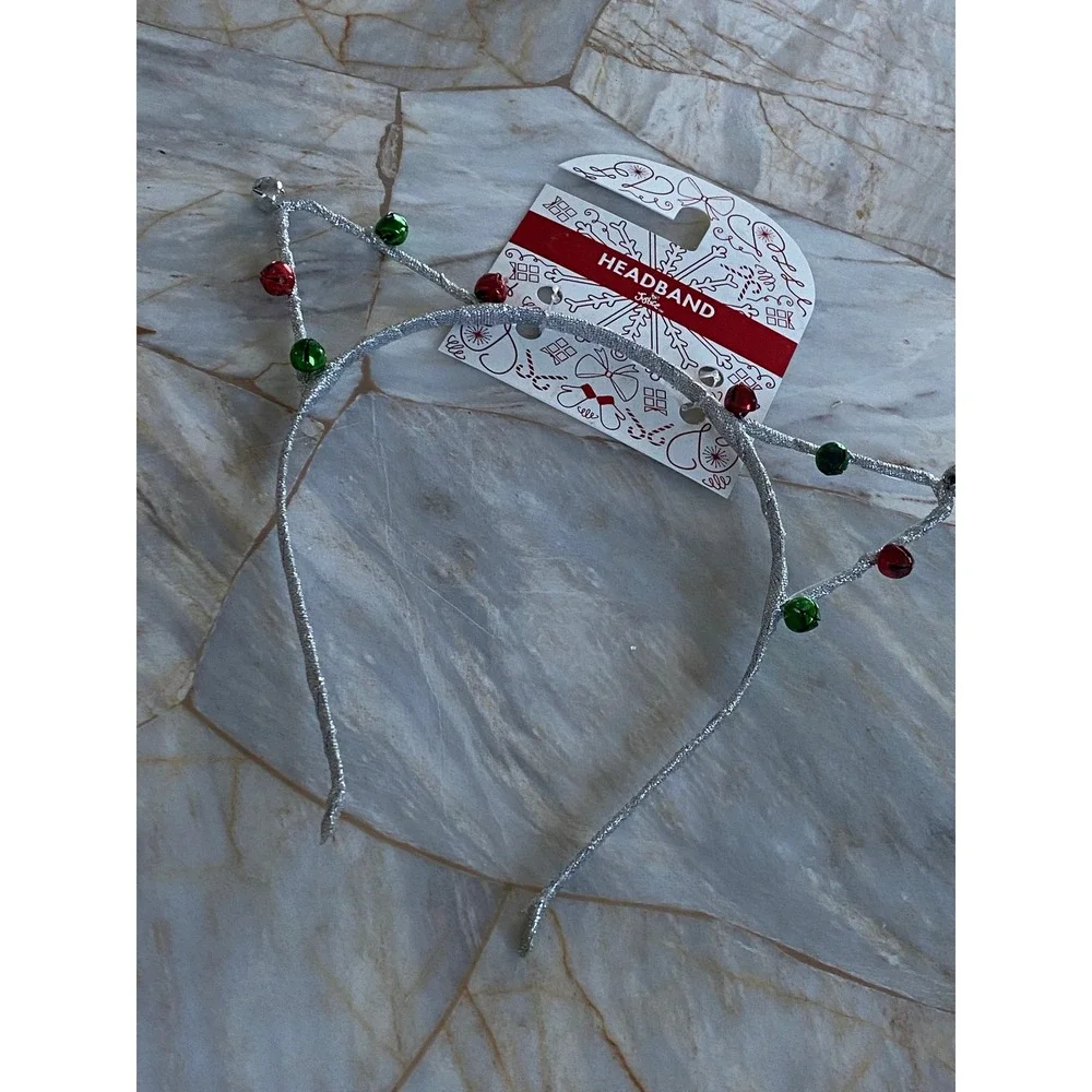 Justice Girls Silver Glitter Cat Ear Headband Red Green Holiday Jingle Bells NEW